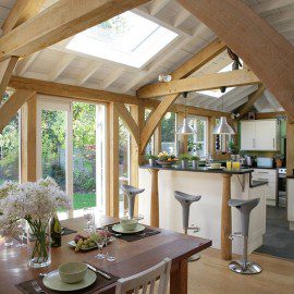 Open Plan Kitchen and Dining Room Interior with Exposed Oak Primary Frame