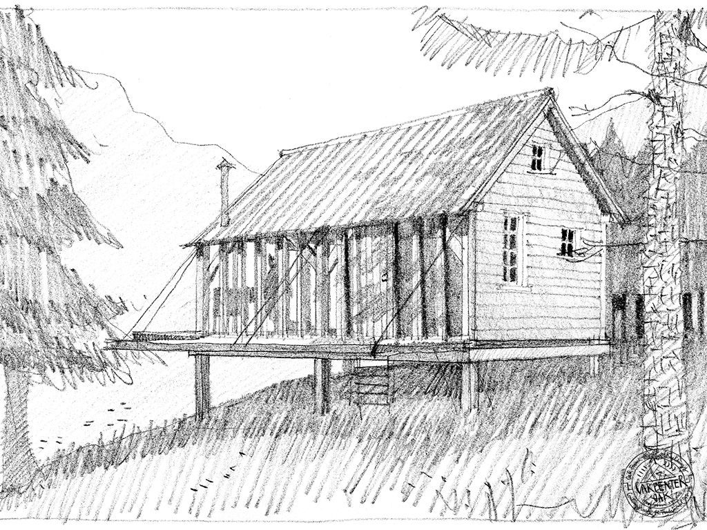 Roderick James Architects Sketch of Green Oak Timber Framed Foresters Cabin by Carpenter Oak Ltd Devon